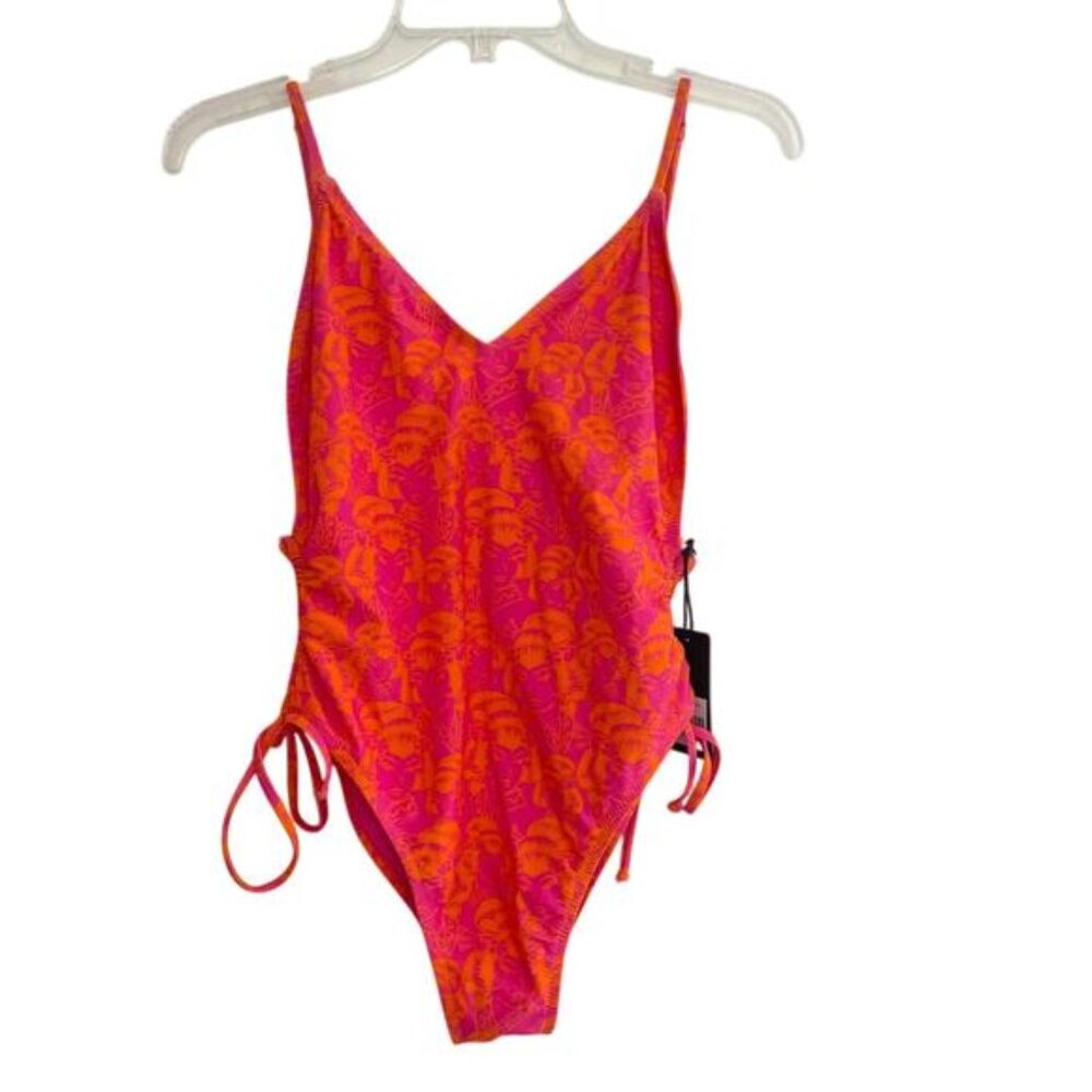 Ed Hardy High Cut One Piece Swimsuit‎ "Lady" Print Orange Pink Tie Size Large